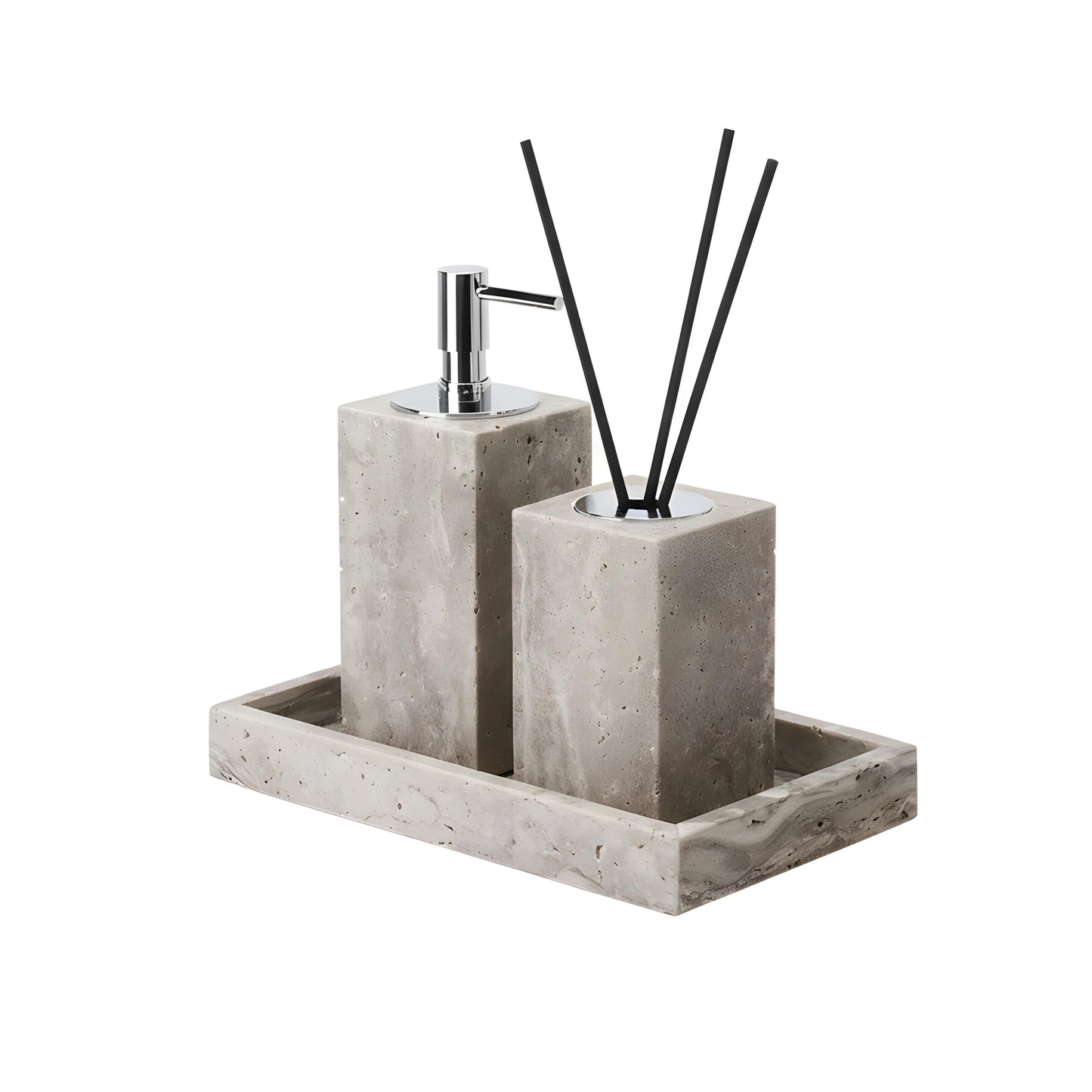 Badrumsset i Travertin - Tvålpump, Doftspridare & Bricka