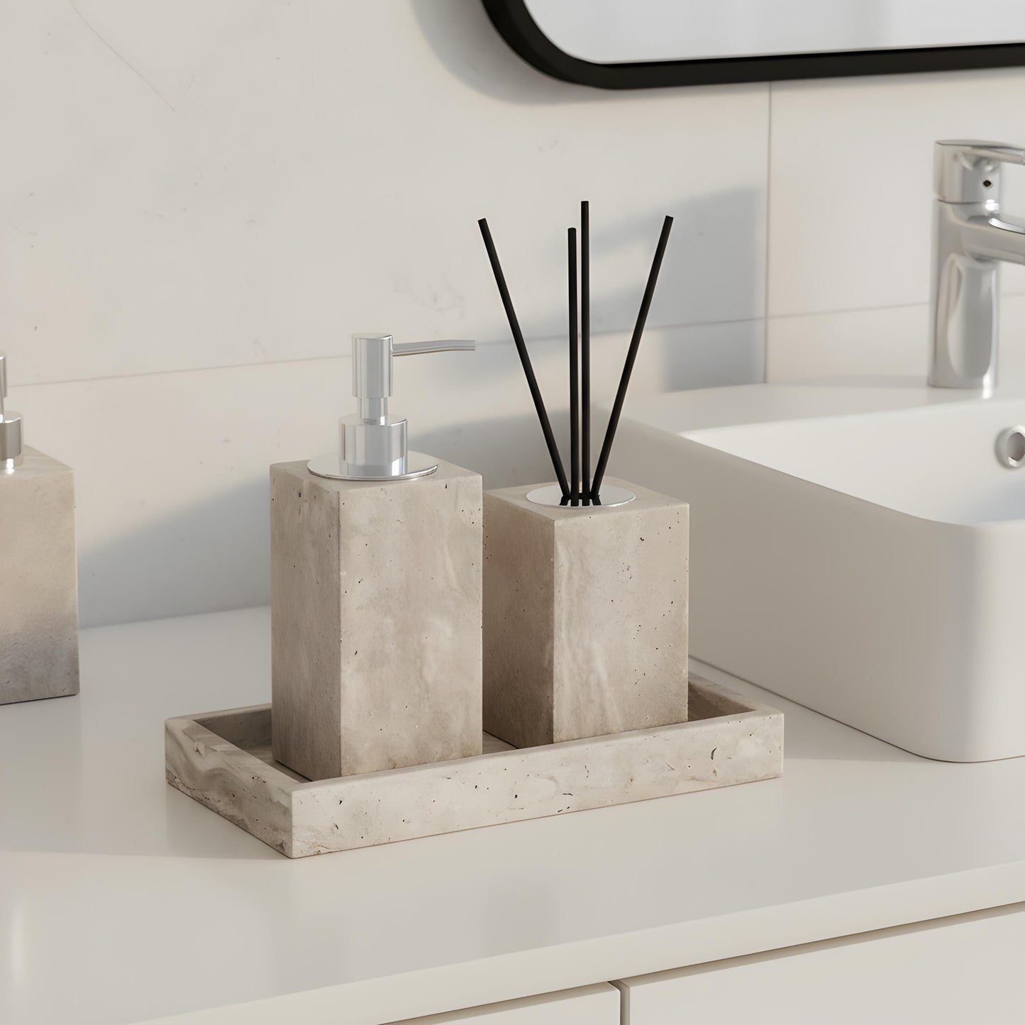 Badrumsset i Travertin - Tvålpump, Doftspridare & Bricka
